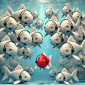 DALL·E 2024-10-10 12.03.17 - A playful underwater scene with a larger school of white fish, all wearing call center headsets. The group of white fish is much bigger, filling the s