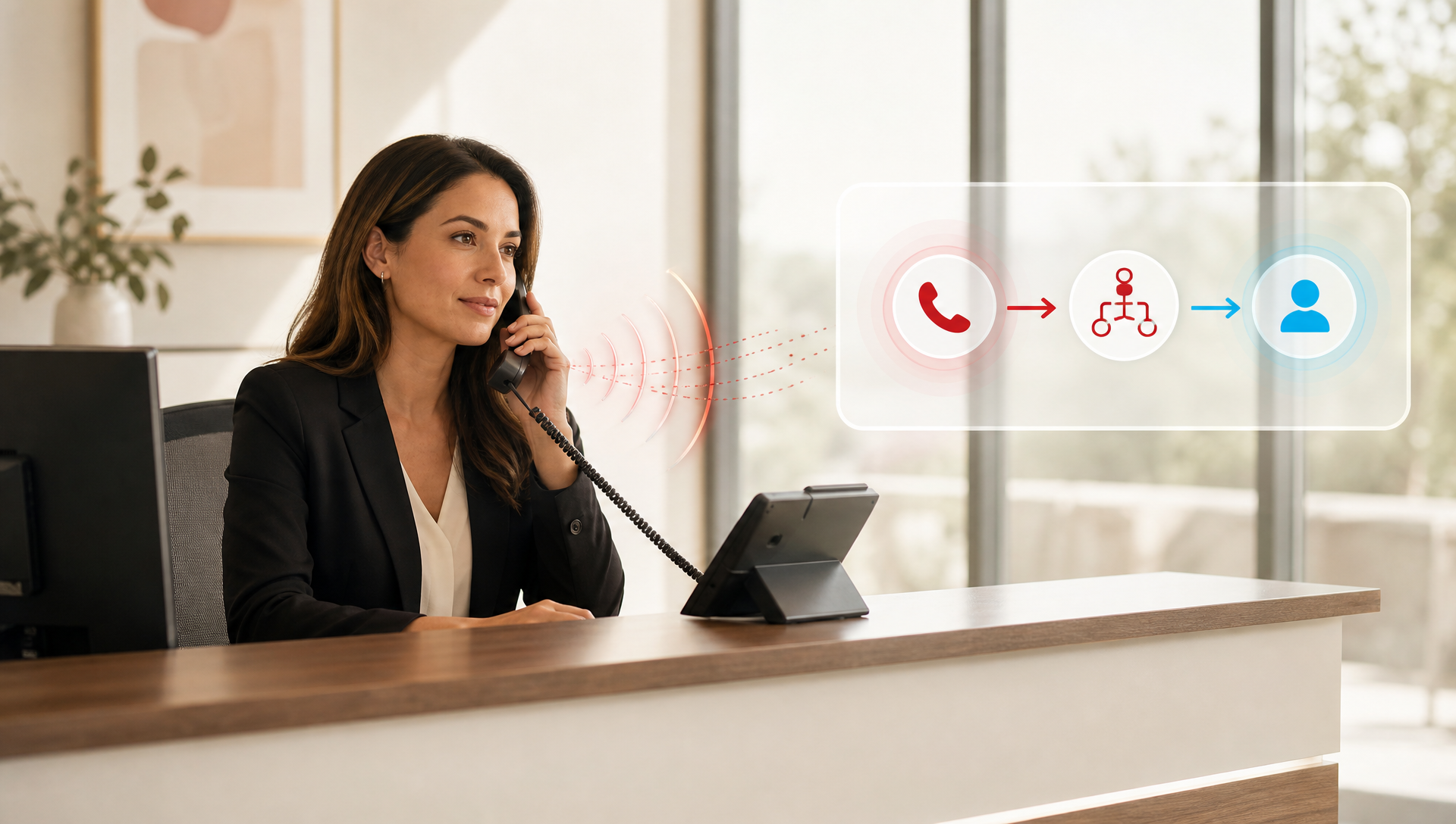 Woman at reception desk on phone with red glowing sound wave and routing diagram overlay.