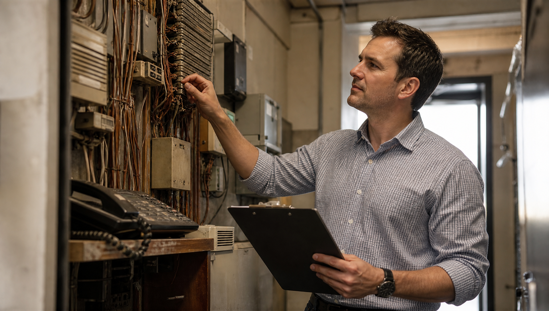 Person reviewing legacy copper telephone lines and equipment in a building utility closet.