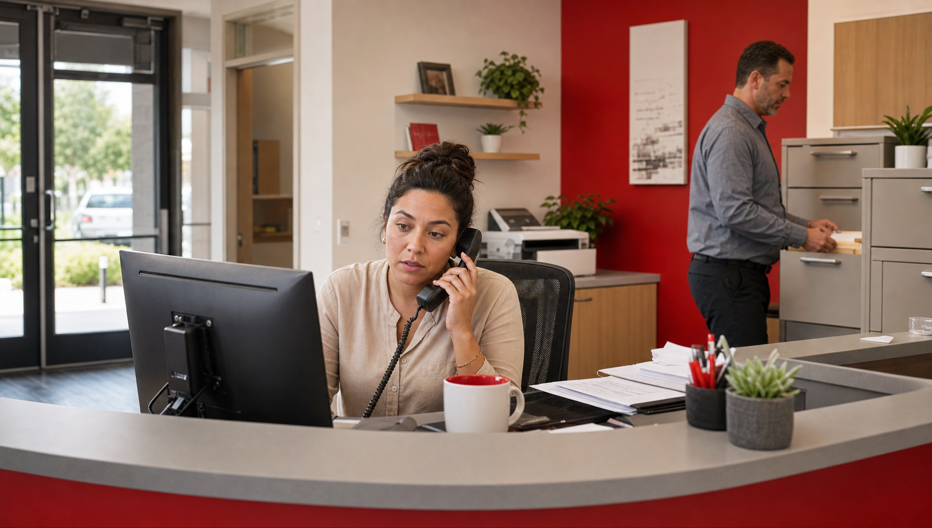 Woman at busy office reception desk managing phone calls, representing authentic workplace adoption of cloud phone tools.