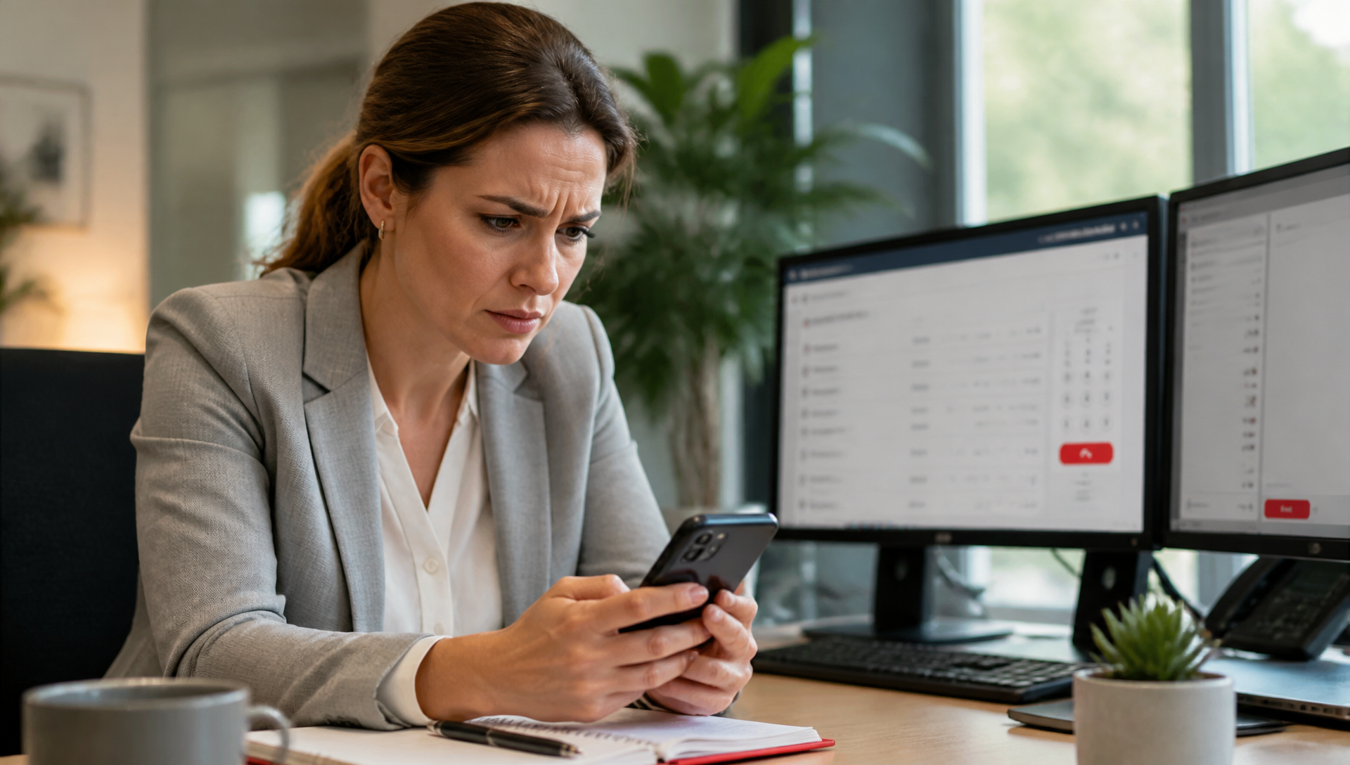 Business professional examining smartphone with concerned expression at office desk during call.